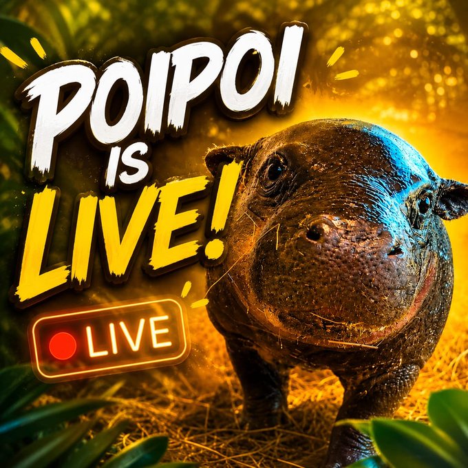 A close-up image of a hippopotamus in a zoo setting features bold, comic-style text reading 'POIPOI IS LIVE!' alongside a glowing red 'LIVE' indicator button.