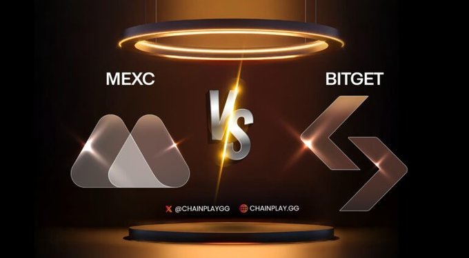 A Chainplay promotional graphic comparing two cryptocurrency exchanges, MEXC and Bitget, with metallic logos and "VS" text on a dark background with glowing rings.