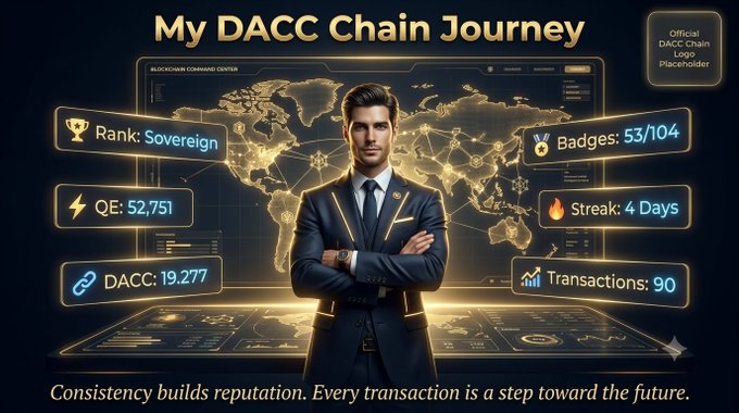 A digital graphic titled 'My DACC Chain Journey' showing a man in a suit before a world map, displaying metrics including Rank: Sovereign, QE: 52,751, Badges: 53/104, Streak: 4 Days, and Transactions: 90.
