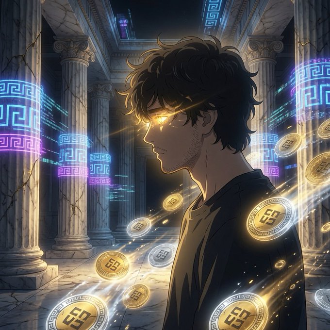 An anime-style illustration of a young man with a glowing golden eye, surrounded by floating golden coins in a classical marble hall with neon Greek key patterns.