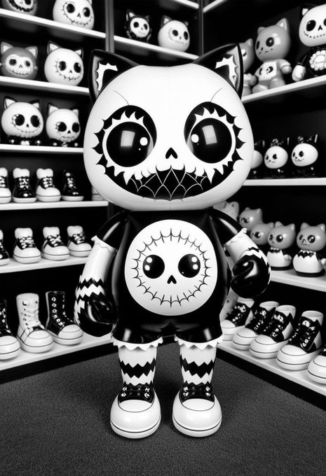 A black and white stylized toy figure with large eyes and a jagged smile stands in front of shelves filled with similar toys and sneakers.