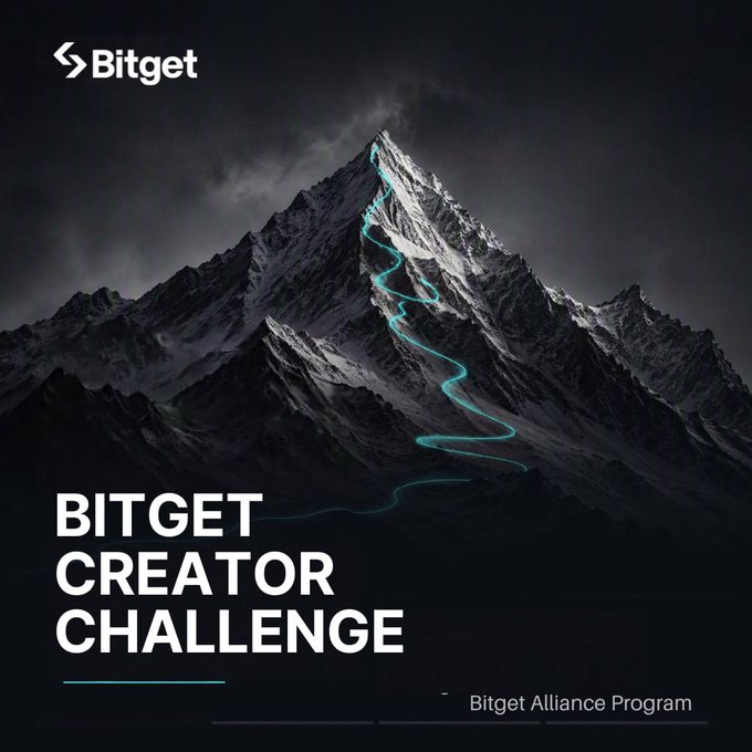 A Bitget promotional graphic for the 'Bitget Creator Challenge' under the Bitget Alliance Program, showing a glowing blue path ascending a dark mountain peak.