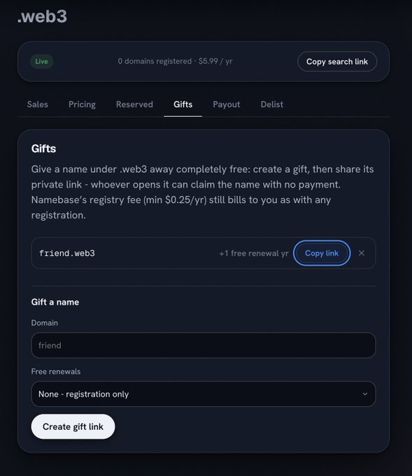 Screenshot of the .web3 domain registration interface showing the 'Gifts' tab with an option to gift friend.web3 (+1 free renewal yr) and a form to create a gift link.