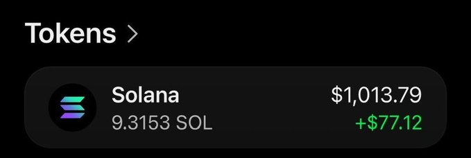 A crypto wallet interface displays a Tokens section showing a Solana (SOL) balance of 9.3153 SOL valued at $1,013.79 with a gain of +$77.12. The image appears to promote a giveaway where participants are asked to share their Solana addresses to potentially receive $750 USDT.
