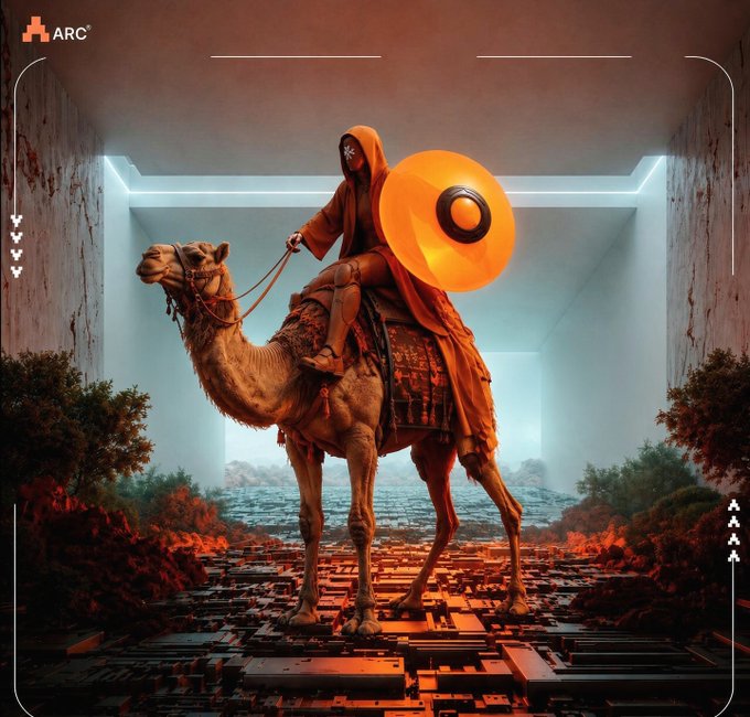 A digital artwork labeled 'ARC' depicting a hooded figure with a glowing orange shield riding a camel through a futuristic, reddish landscape.