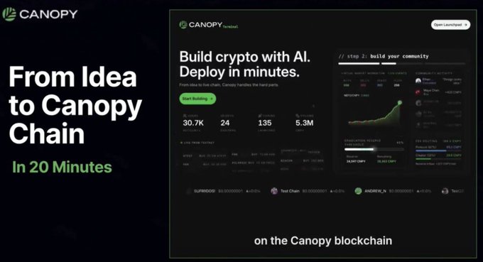 An advertisement for 'CANOPY' promoting their launchpad with the tagline 'From Idea to Canopy Chain In 20 Minutes' and 'Build crypto with AI. Deploy in minutes.'