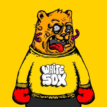 A cartoon-style illustration of a boxer bear wearing red gloves and a yellow sweater featuring the text "WHITE SOX" on a yellow background, representing the Bear Champ NFT collection shared by the post.
