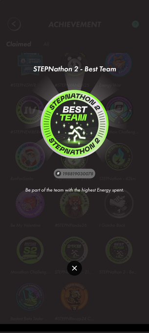 Achievement screen displaying a 'STEPNathon 2 - Best Team' NFT badge awarded to be part of the team with the highest Energy spent.