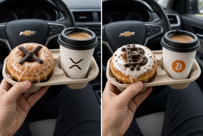 A side-by-side image showing two pastries (one with an X design, one with a B design) paired with coffee cups in a car, referencing XRP and Bitcoin cryptocurrencies.