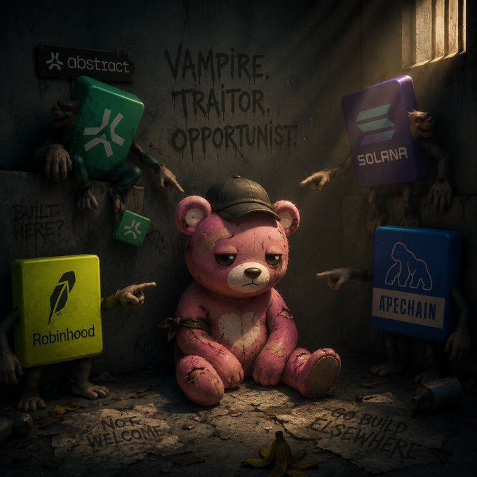 A dark, gritty digital illustration shows a battered pink teddy bear sitting on the floor, being pointed at and accused by blocky figures labeled "absttract," "SOLANA," "APECHAIN," and "Robinhood," with graffiti on the walls reading "VAMPIRE. TRAITOR. OPPORTUNIST." and "NOT WELCOME."