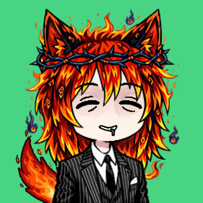 A pixel art illustration of an anime-style character with fox ears, a thorn crown, and fiery orange and red hair, wearing a pinstripe suit and tie against a green background.