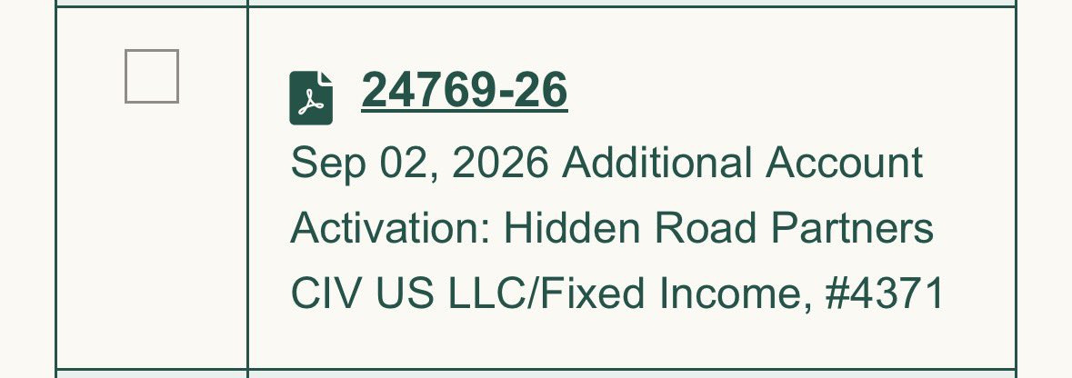 A DTCC document showing the activation of Hidden Road Partners CIV US LLC's Fixed Income account (#4371) on September 2, 2026, under reference 24769-26, illustrating Ripple Prime's expanded infrastructure access through its Hidden Road acquisition.