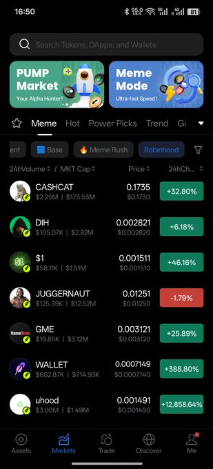A screenshot of a crypto wallet app's Markets page filtered to the Robinhood chain, showing tokens like CASHCAT (+32.80%), DIH (+6.18%), $1 (+46.16%), JUGGERNAUT (-1.79%), GME (+25.89%), and uhood (+12,858.64%)—illustrating the wide range of price swings the user experienced while trading meme coins on Robinhood Chain.
