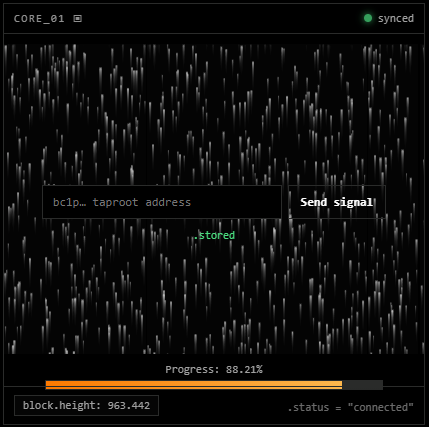 A screenshot of the corepunks.com website showing an interface labeled "CORE_01" with a synced status indicator, displaying a "bcip_ taproot address" input field, "Send signal" button, and a progress bar at 88.21% with block height 963,442, relating to the post's instructions to fill in a Taproot wallet (using Unisat) for a potential Runecoin-related airdrop.