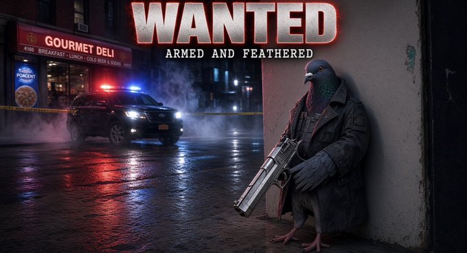 A 'WANTED ARMED AND FEATHERED' poster featuring a pigeon wearing a trench coat and holding a large gun, standing in front of a police car at a crime scene outside a 'GOURMET DELI'.