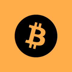 A simple graphic displays the orange Bitcoin logo (a stylized "B" with two vertical strokes) inside a black circle on a solid orange background.