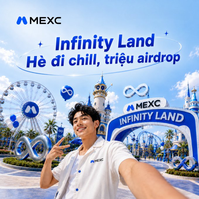 A MEXC promotional advertisement for 'Infinity Land' featuring a young man in a white shirt making a peace sign in front of a blue-themed amusement park with a Ferris wheel and castle, with the tagline 'Hè đi chill, triệu airdrop'.