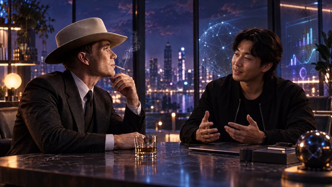 Two men in suits having a conversation at a bar counter at night; the man on the left wears a hat and holds a smoking cigarette, while the man on the right gestures with his hands, set against a backdrop of a glowing city skyline.