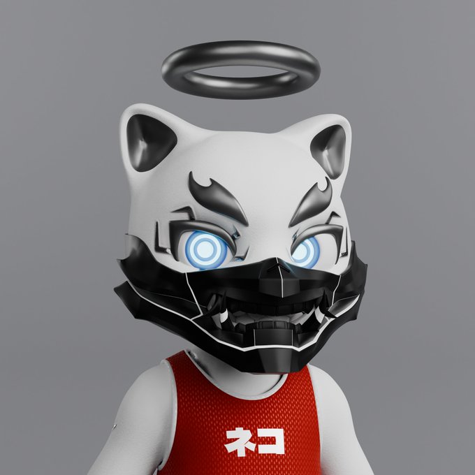A 3D render shows a stylized white and black cat-like character with glowing blue eyes, a halo, and a menacing smile, wearing a red tank top with 'ネコ' (Neko).