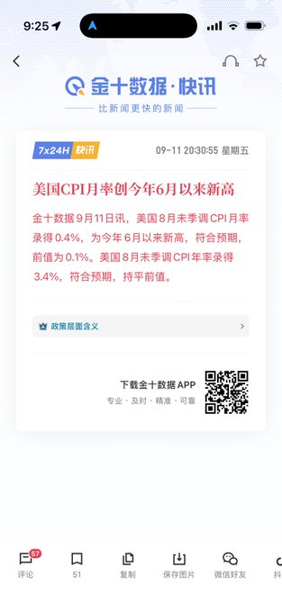 A Chinese financial news app screenshot from "金十数据·快讯" (Jin10 Data Flash News) dated 09-11 showing U.S. August CPI data recording 0.4% month-over-month (highest since June) and 3.4% year-over-year, both meeting expectations. The post contextualizes this data, noting the figures match expectations and emphasizing the importance of preparing investment plans regardless of whether the Fed raises rates or not.