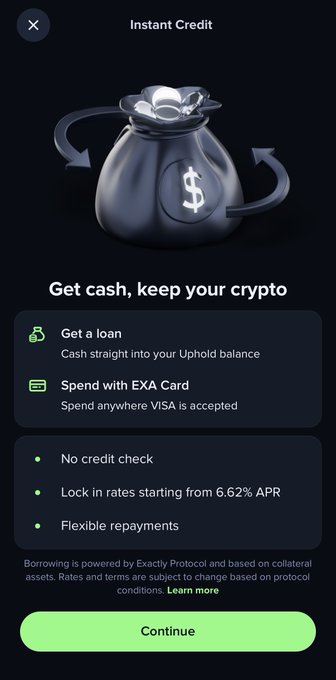 Uphold app screenshot for 'Instant Credit' service showing 'Get cash, keep your crypto' with options to get a loan or spend with EXA Card, featuring no credit check, rates from 6.62% APR, and flexible repayments.