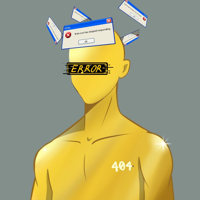 A glossy gold humanoid figure with glitching "ERROR" text over its face and "404" on its chest, surrounded by floating Windows error dialogs, visually representing the "404" brand mentioned in the post announcing that collaborations are now open.