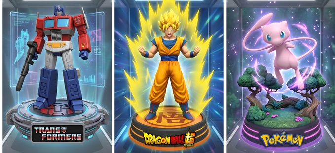 A triptych of 3D display statues featuring Optimus Prime from Transformers on a sci-fi base, a Super Saiyan Goku from Dragon Ball Z on a kanji base, and Mew from Pokémon on a nature-themed base.