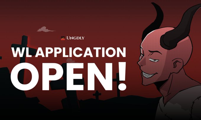 Promotional banner for Ungdly with the text "WL APPLICATION OPEN!" displayed in large white letters against a dark red graveyard background featuring a horned demon character on the right.