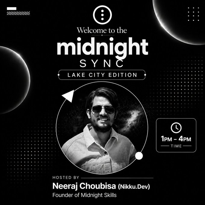 The poster for a Midnight Sync event features an image of a man wearing sunglasses with his face displayed prominently against a black background. The text at the top of the poster states "Welcome to the Midnight Sync Lake City Edition" followed by a description of what the event is about, which includes hosting by Neeraj Choubiisa (Nikku-Dev) and topics related to blockchain, cryptography, privacy tech, and building cool projects.
