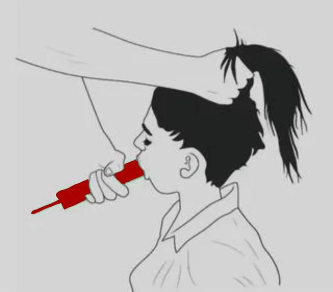 A minimalist line drawing shows a person in profile having their hair pulled by another hand while simultaneously blowing into a red object.