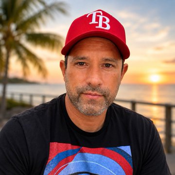 A middle-aged man wearing a red TB baseball cap and a black t-shirt with a colorful graphic, posing for a portrait against a sunset beach backdrop with palm trees.