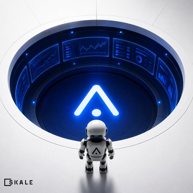 A promotional graphic for "SKALE" features a small white robot standing in front of a large, glowing blue circular display showing the platform's triangle logo and various data charts.
