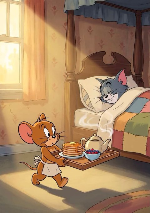 A cartoon illustration of a mouse in an apron bringing a breakfast tray with pancakes, berries, and tea to a sleeping cat in a sunlit bedroom.