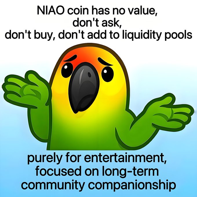 The image features a cartoon parrot with a shrugging, helpless expression and outstretched wings against a light blue background. Text above reads "NIAO coin has no value, don't ask, don't buy, don't add to liquidity pools," while text below states "purely for entertainment, focused on long-term community companionship," humorously warning against treating the NIAO token as a serious investment.

The image relates to the post by embodying NIAO coin's self-deprecating, anti-hype culture, with the apologetic parrot and blunt disclaimer perfectly capturing the bearish mockery the post describes as part of the project's distinctive identity.