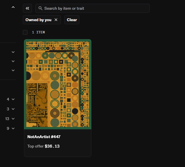 The image shows an NFT marketplace listing for "NotAnArtist #447," featuring a yellow and green abstract geometric artwork, with a top offer of $36.13 visible on the item card. This corresponds to the user's post about minting the NotAnArtist NFT by @ifxscript, now appearing in their owned items filter.