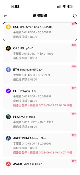 A mobile screenshot of a cryptocurrency network selection screen in Chinese (選擇網路), displaying options like BSC BNB Smart Chain (BEP20), OPBNB opBNB, ETH Ethereum (ERC20), POL Polygon POS, PLASMA, ARBITRUM, and AVAXC, with various fees and suspension notices.
