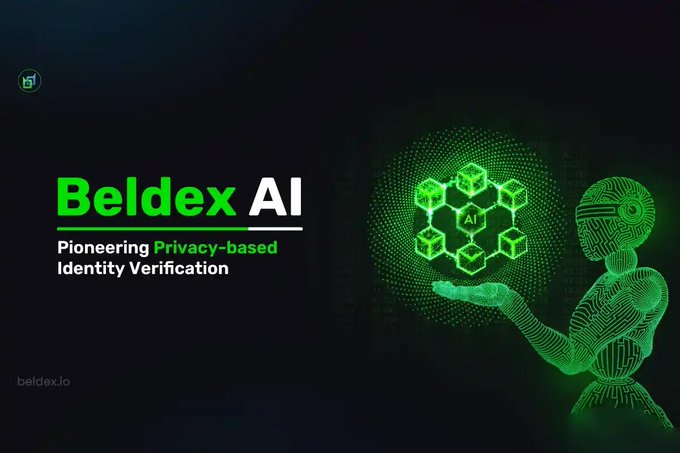 A promotional graphic for Beldex AI displays the text 'Pioneering Privacy-based Identity Verification' alongside a green wireframe humanoid figure holding a blockchain cube network labeled 'AI', with the URL beldex.io.