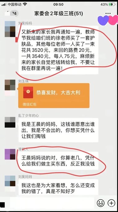A Chinese WeChat group chat ('家委会2年级三班(51)') showing parents debating over a 75 yuan teacher gift contribution, with red circles highlighting the initial announcement and another parent's complaint about being asked for money.