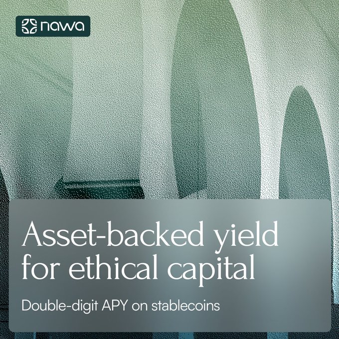 An advertisement for 'nawa' features an architectural background with the text 'Asset-backed yield for ethical capital' and 'Double-digit APY on stablecoins.'