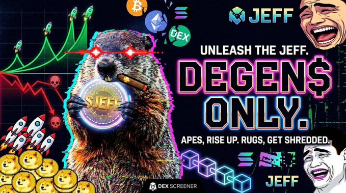 A colorful promotional graphic for '$JEFF' token featuring a groundhog with glowing red eyes holding a '$JEFF' coin and a cigar, with text 'UNLEASH THE JEFF. DEGEN$ ONLY. APES, RISE UP. RUGS, GET SHREDDED.'