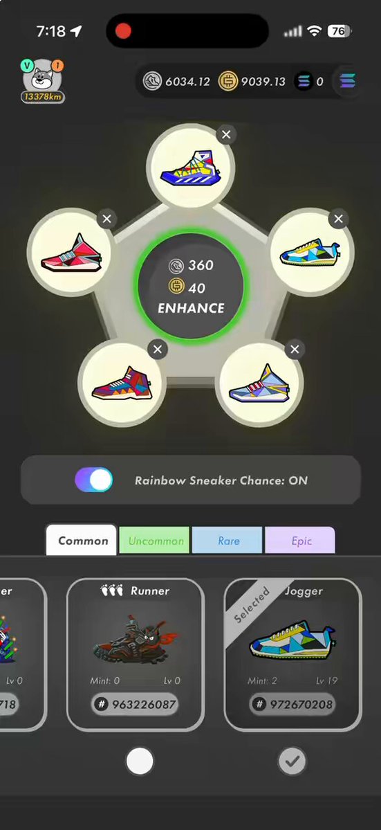 The image shows a phone screen displaying an app called "Stepn", which appears to be a shoe shopping app. The app has six different shoe options, each with unique colors and styles. The user interface features a green circle containing the number 360, indicating that this is a step count goal for the day. There are also icons representing common actions such as "Enance" (enjoy), "Common", "Runner", "Stock", and "Stepn".