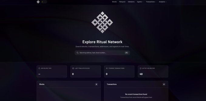 Screenshot of a blockchain explorer page titled 'Explore Ritual Network' showing metrics like AVG BLOCK TIME, LAST FINALIZED BLOCK, PENDING TRANSACTIONS, and ACTIVE VALIDATORS, all currently at 0 or 40.
