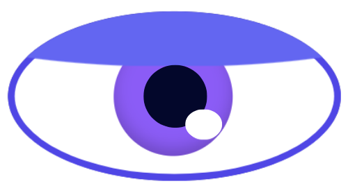 A stylized purple cartoon eye with a white reflection highlight on the iris.