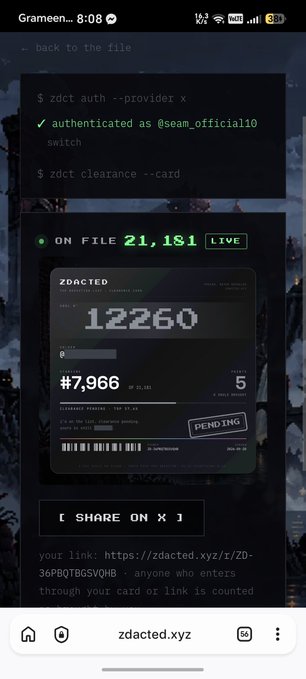 A mobile screenshot of the website zdacted.xyz showing a digital ID card interface with terminal commands like 'zdict auth --provider x' and a ZDACTED card displaying '12260', '#7,966', and 'PENDING', indicating an on-file count of 21,181.