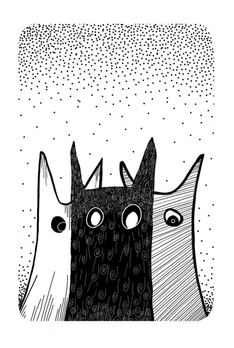 A black and white ink illustration depicts three stylized cat figures of varying textures standing together against a background of scattered black dots.
