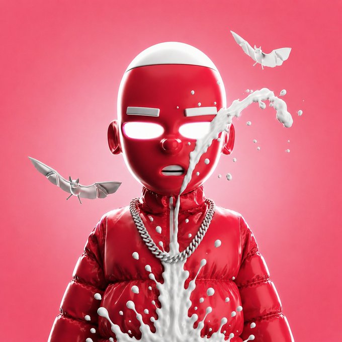 A red 3D-rendered character in a puffer jacket and silver chain stands as white liquid splashes dramatically across its face, with two white origami birds flying nearby—all set against a vibrant pink background that matches the bullish, energetic "goon morning CT" Sunday vibe celebrating Nomisma Network and TheARC Terminal.