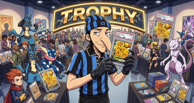 A cartoon scene shows a referee-like character in a striped shirt holding a Pokémon trading card at a bustling "TROPHY" booth filled with characters displaying various graded cards, visually representing the gacha-style trading card platform mentioned in the post.