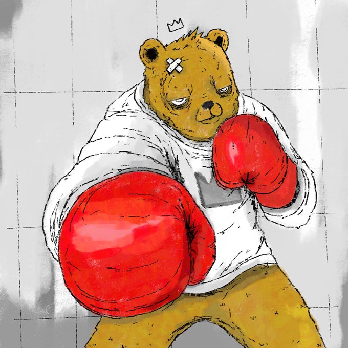 An illustration of a yellow bear character wearing red boxing gloves and a white hoodie with a small crown above its head.