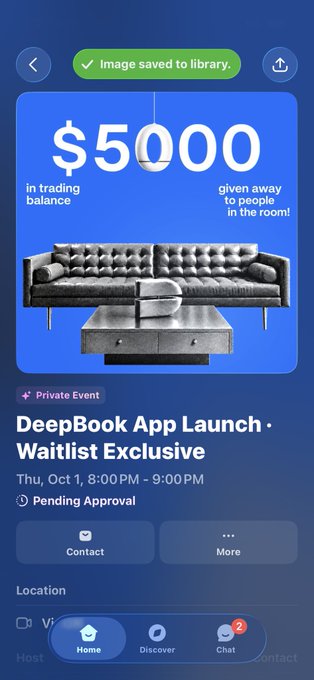 A mobile app screenshot for a 'DeepBook App Launch - Waitlist Exclusive' private event on Thursday, October 1, from 8:00 PM to 9:00 PM, offering $5000 in trading balance to be given away, featuring an image of a sectional sofa.