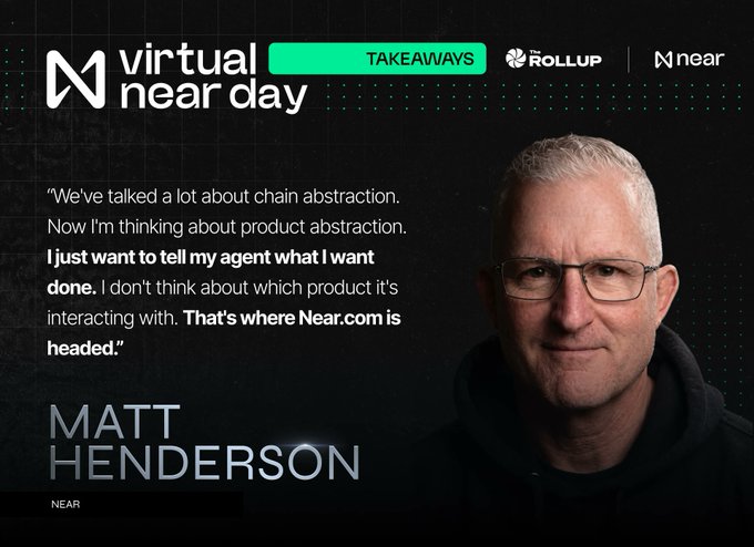 A promotional graphic for "Virtual Near Day Takeaways" featuring a quote from Matt Henderson of NEAR about the shift from chain abstraction to product abstraction, where users simply tell their agent what they want done, paired with the accompanying post highlighting where Near.com is headed next.